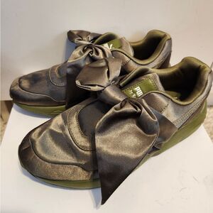 PUMA x FENTY by Rihanna Olive Green Satin w/Bow Sneakers Rare Pair Sz. 8/38.5